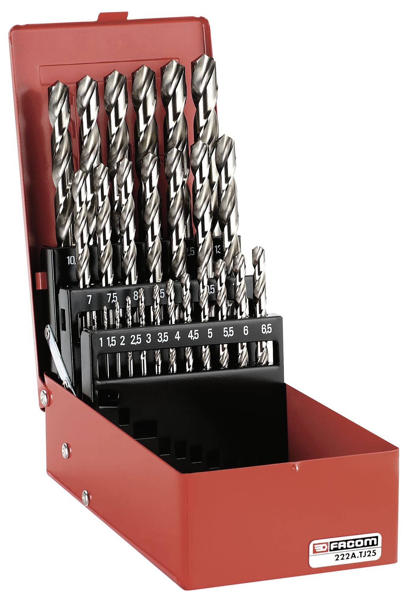 Custodia per punte da trapano in metallo rosso con punte da trapano elicoidali assortite organizzate per misura.