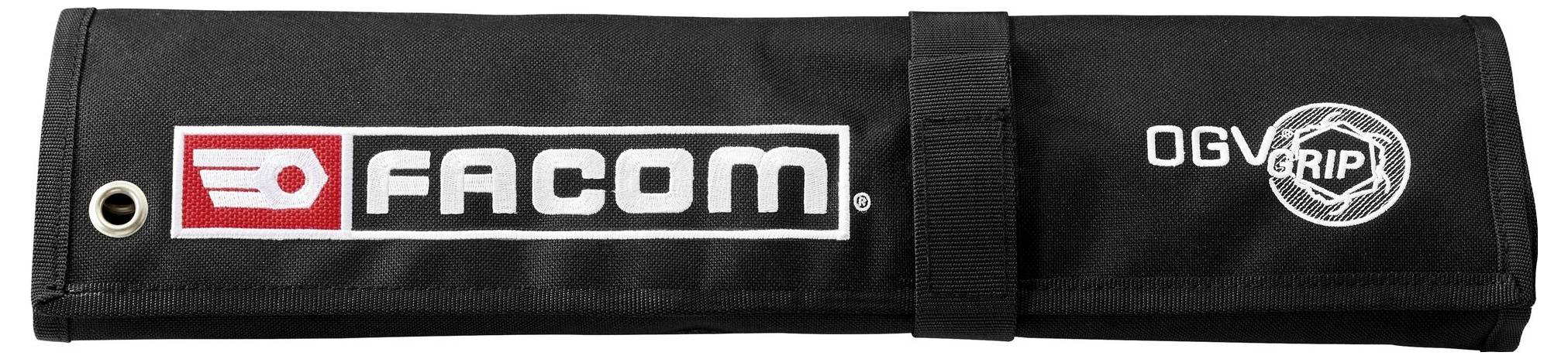Rotolo attrezzi FACOM nero con logo OGV Grip, fissato da una cinghia e occhielli metallici.