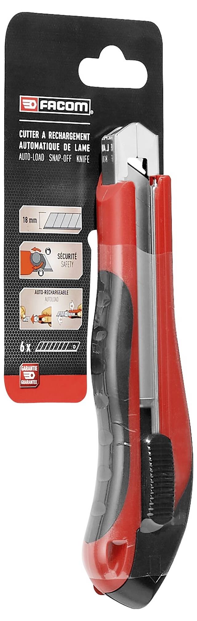 Confezione per un coltello a utility con lama retrattile automatica Facom, che mostra un taglierino rosso e nero con lame da 18 mm e icone di utilizzo.