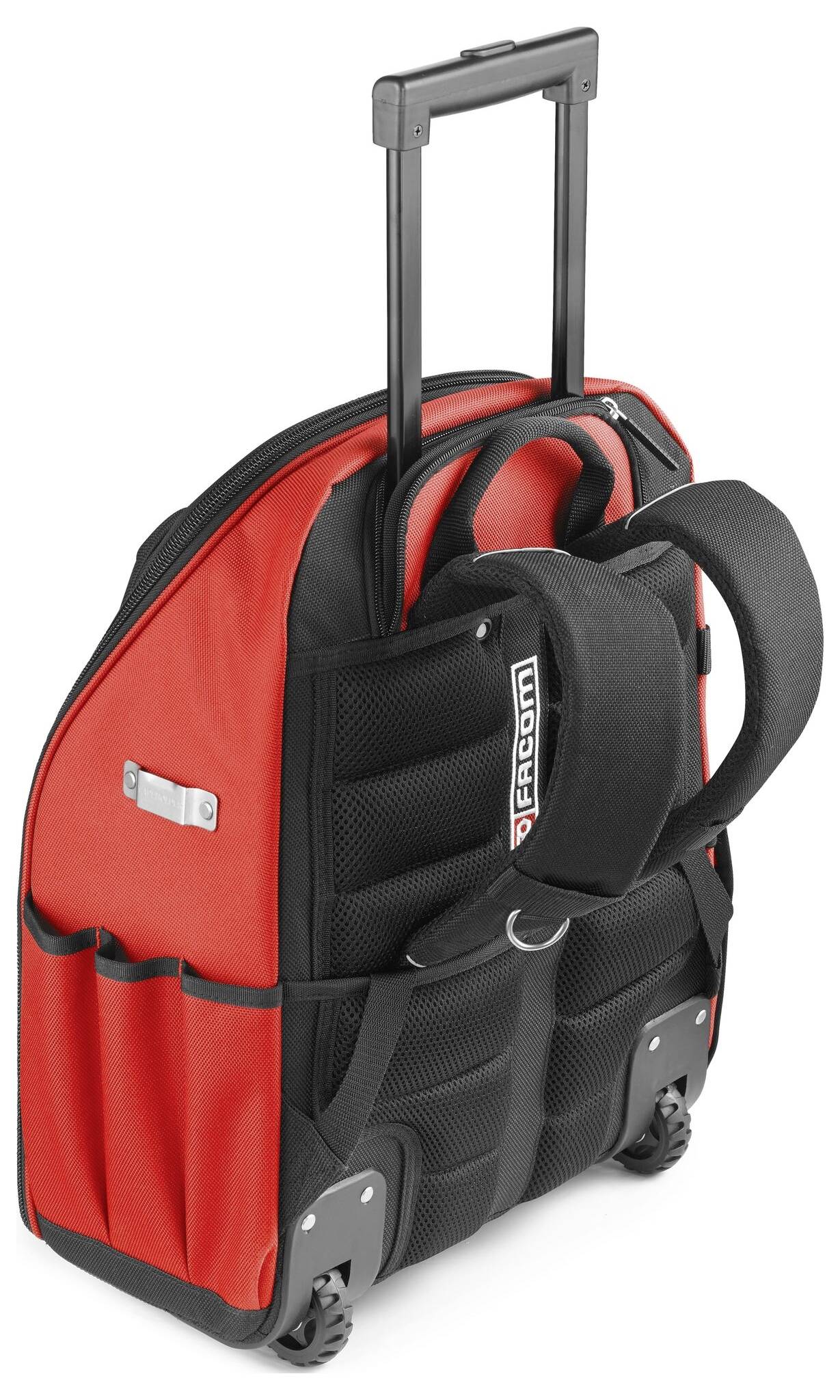 Zaino da lavoro con ruote in rosso e nero con manico telescopico, ruote, tasca laterale e tasche organizzatore frontali.