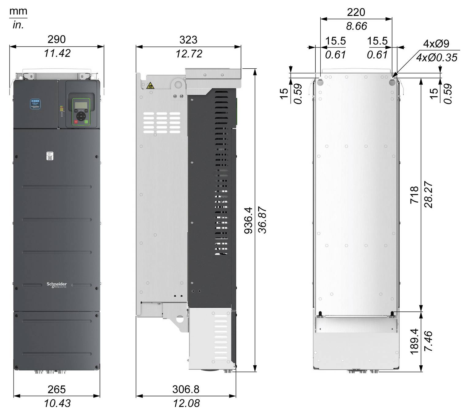 Disegno tecnico della dimensione di un armadio industriale Schneider Electric, che mostra le viste anteriore, laterale e posteriore con misure in mm e pollici.