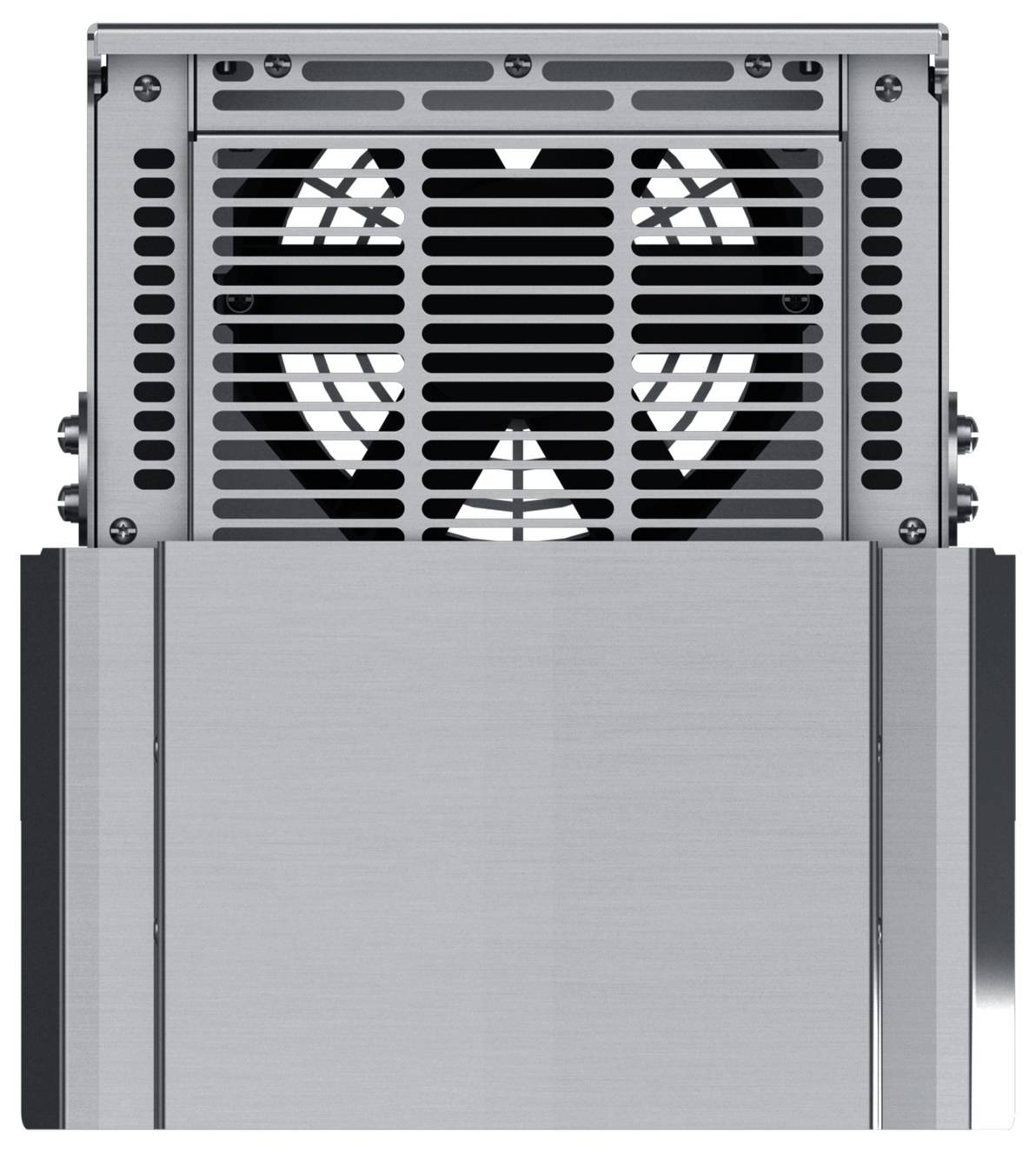 Vista frontale di una custodia industriale in metallo o di un'unità server con griglia ventilata e ventilatore visibile dietro un pannello in argento spazzolato.