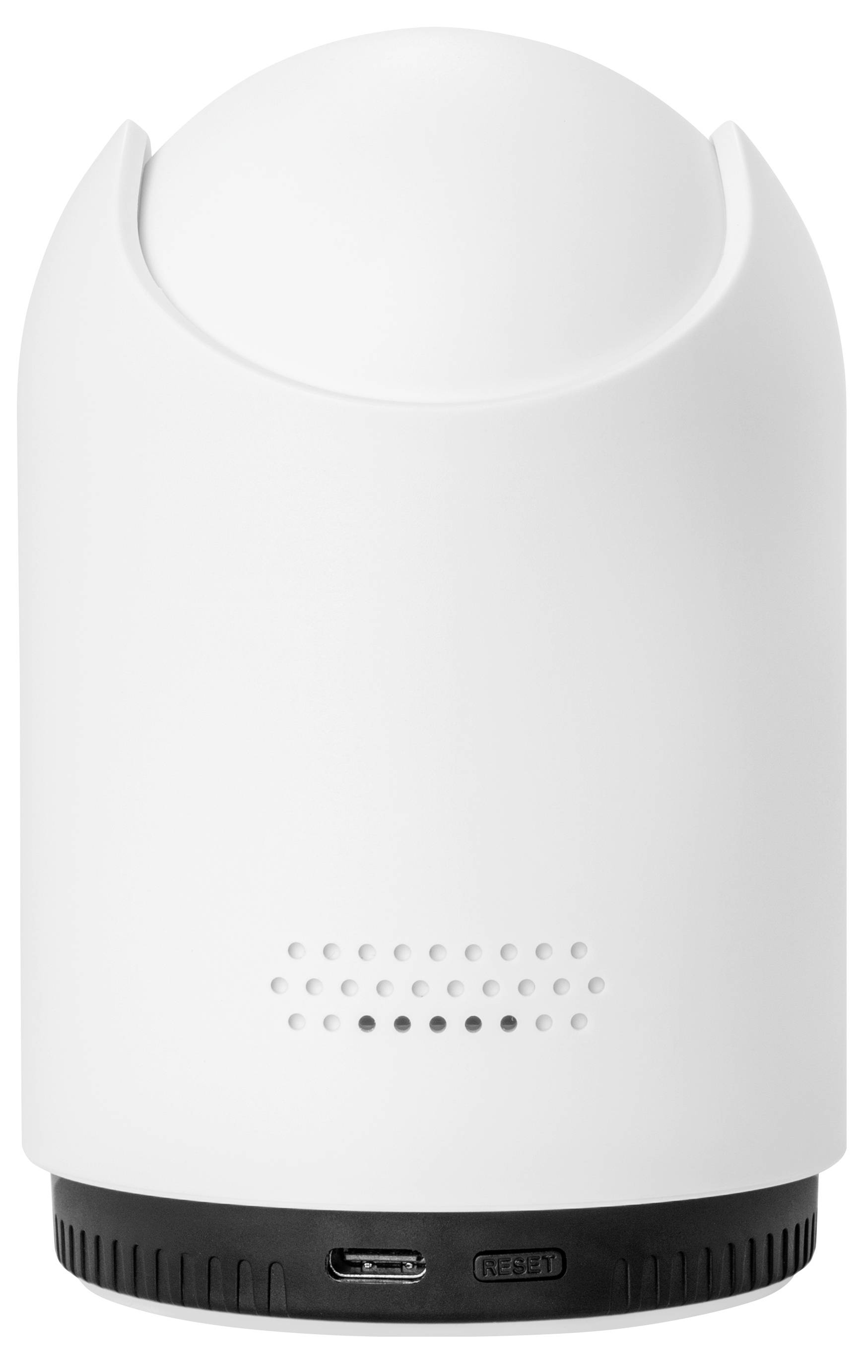 Dispositivo cilindrico bianco con cima arrotondata e fori di ventilazione vicino alla base, che mostra una porta USB e un pulsante di reset su una base nera.