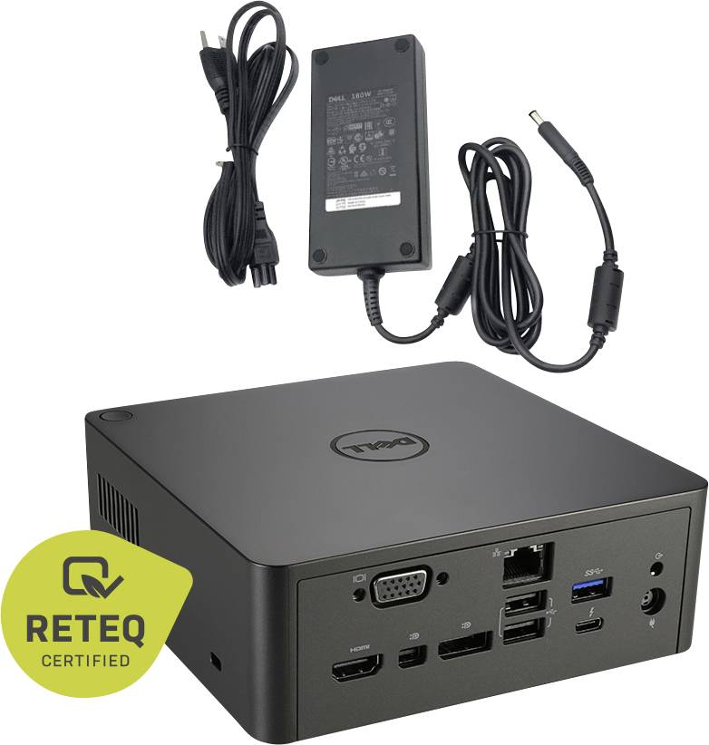 PC desktop mini Dell con adattatore di alimentazione e cavi, porte anteriori visibili e un badge overlay "RETEQ CERTIFIED".