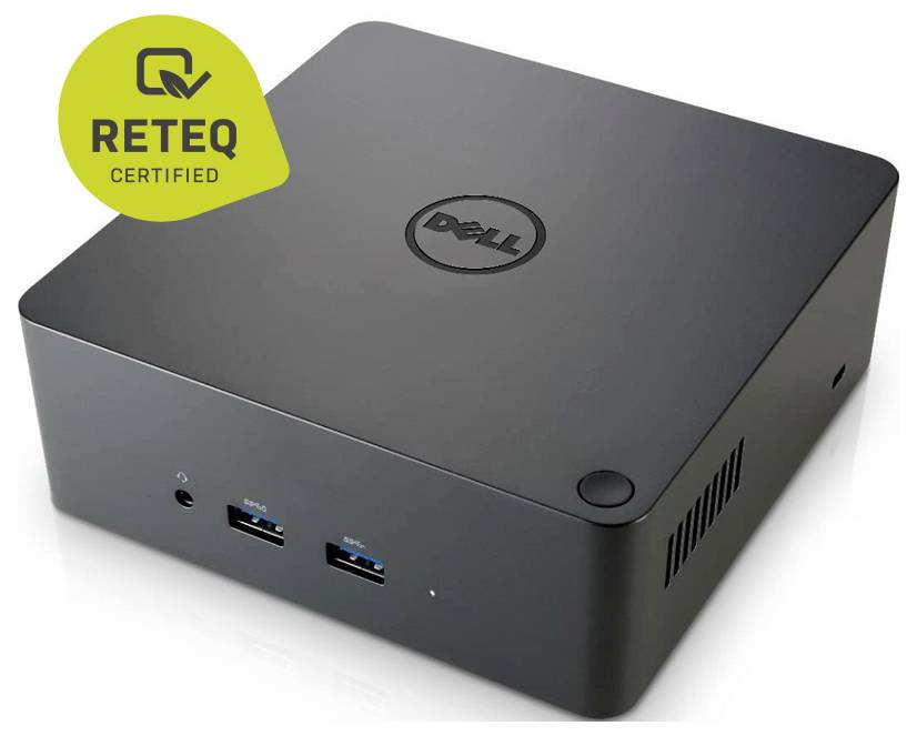 PC desktop mini compatto Dell con badge certificato REETQ, mostrato in una vista frontale a tre quarti su sfondo bianco.