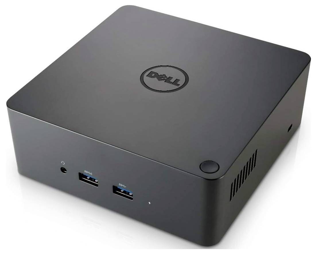 Piccolo computer desktop Dell nero e compatto con jack per cuffie anteriore, due porte USB e pulsante di accensione nell'angolo superiore destro.