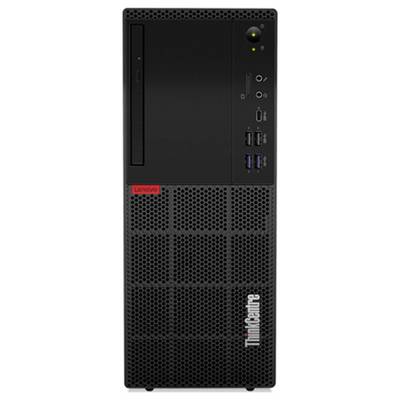 Vista frontale di una torre desktop Lenovo ThinkCentre, custodia nera con prese di ventilazione perforate inferiori e pulsanti frontali USB, audio e di accensione.
