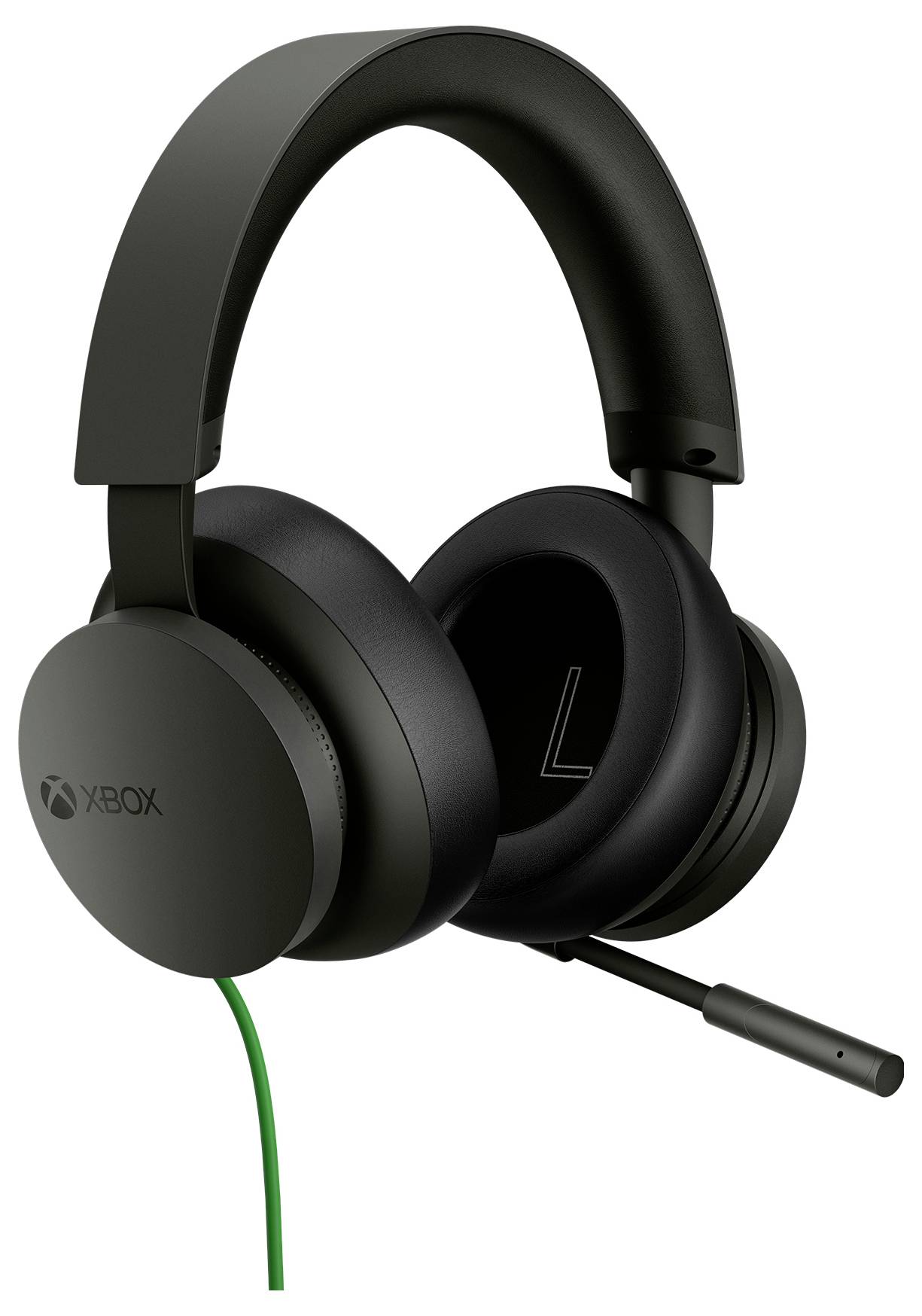 Cuffia da gioco over-ear Xbox nera con fascia per la testa imbottita, microfono a braccio, e cavo verde, mostrata su sfondo bianco.