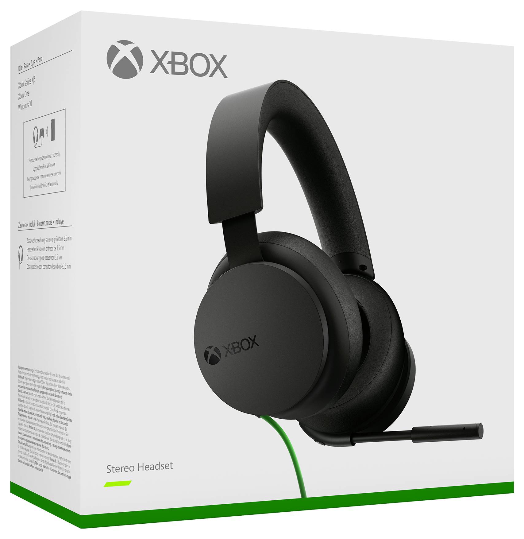 Scatola di Xbox Stereo Headset mostrata nella confezione, con una cuffia over-ear nera e microfono boom su una scatola bianca etichettata 'XBOX' e 'Stereo Headset'.