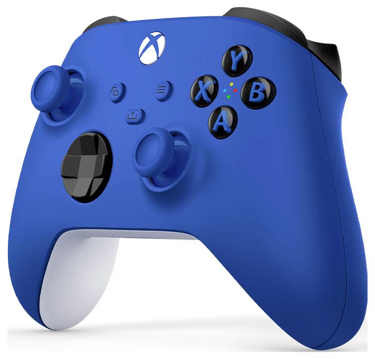 Controller per videogiochi in stile Xbox di colore blu con due analogici, croce direzionale e pulsanti A/B/X/Y su sfondo bianco.