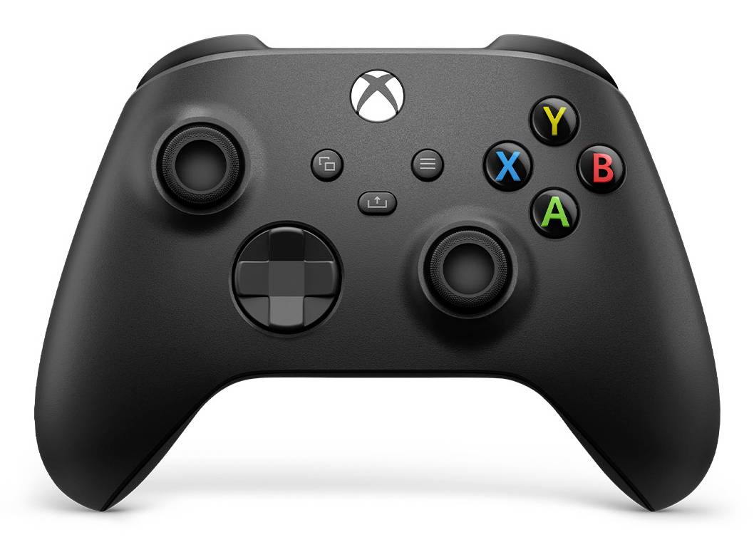 Controller Xbox nero con stick analogici, D-pad, pulsanti menu e pulsanti frontali colorati A, B, X, Y su sfondo bianco.