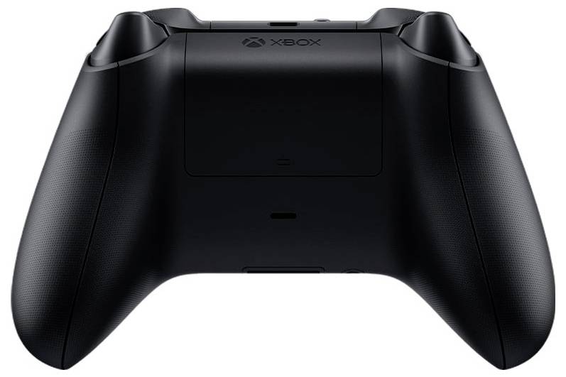 Controller per giochi Xbox nero visto frontalmente su uno sfondo bianco.