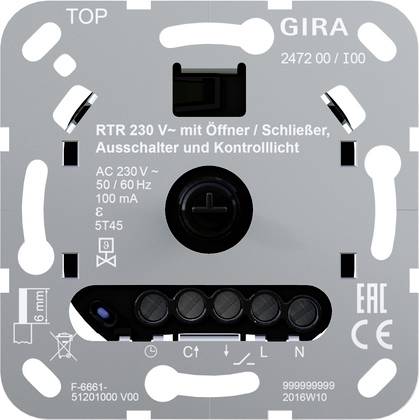 Primo piano di un inserto termostato Gira RTR 230 V, che mostra aperture terminali, manopola di controllo ed etichette di tensione/cablaggio stampate.