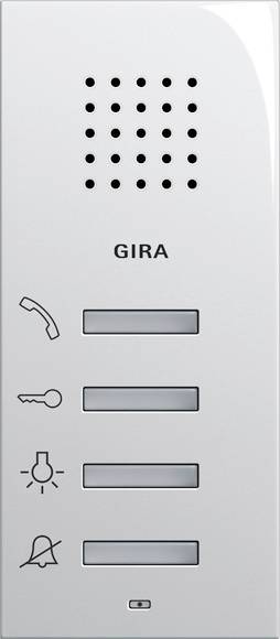 Pannello videocitofono GIRA bianco con fori per l'altoparlante, pulsanti di chiamata e di accesso, tre pulsanti orizzontali senza etichetta e una piccola spia indicatrice in basso.