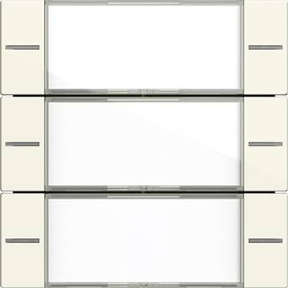 Illustrazione di un mobile o elettrodomestico a tre scomparti con porte bianche e piccoli maniglie orizzontali su entrambi i lati.