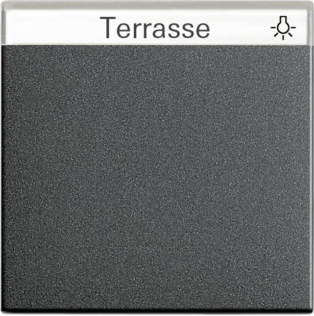 Interruttore quadrato grigio scuro etichettato 'Terrasse' con un'icona di lampadina, probabilmente per controllare l'illuminazione della terrazza esterna.