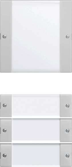 Due immagini di prodotto mostrano un pannello murale bianco rettangolare o una copertura con piastre metalliche laterali argentate e viti; l'immagine inferiore mostra una versione con tre sezioni orizzontali.