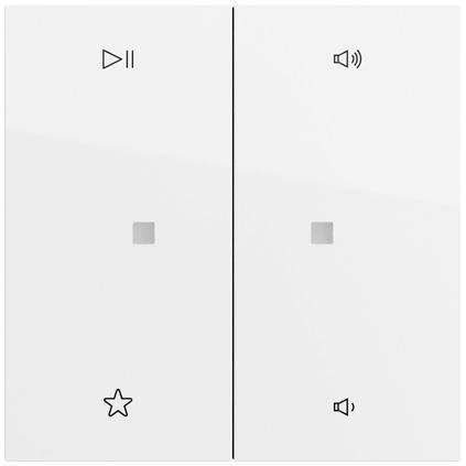 Interfaccia remota minimalista con schermo diviso in bianco, con play/pausa sulla sinistra, icona del volume sulla destra, e pulsanti stella e altoparlante vicino al fondo.