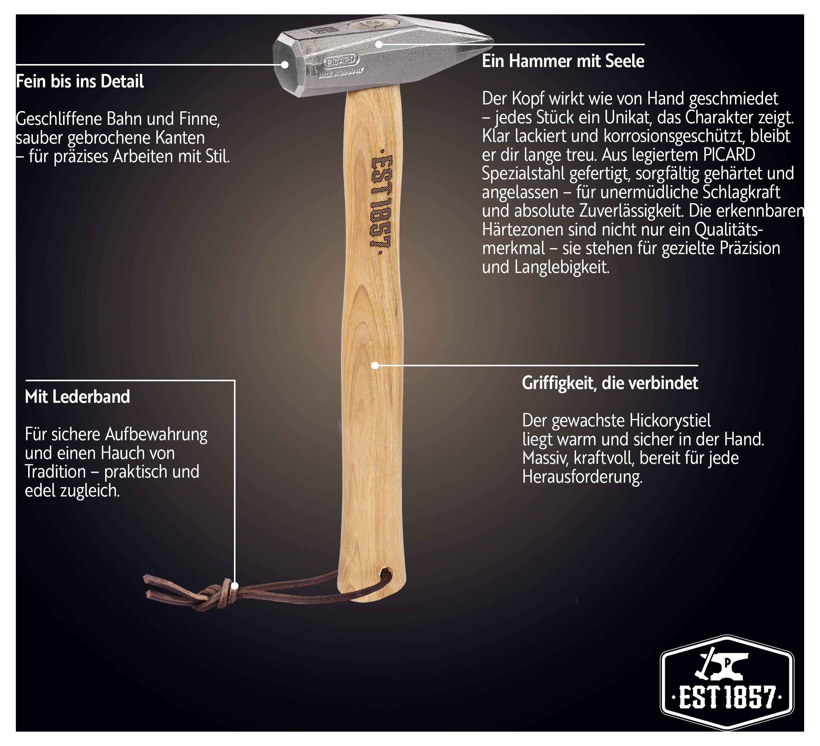 Infografica di un martello fatto a mano con manico in legno e cinghia in pelle, etichettato in italiano con caratteristiche come "Un martello con anima" e "Impugnatura che connette".