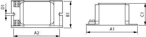 Disegno tecnico dimensionale di un componente rettangolare mostrato nelle viste superiore e laterale, con misurazioni etichettate A1, A2, B1, C1 e D1.