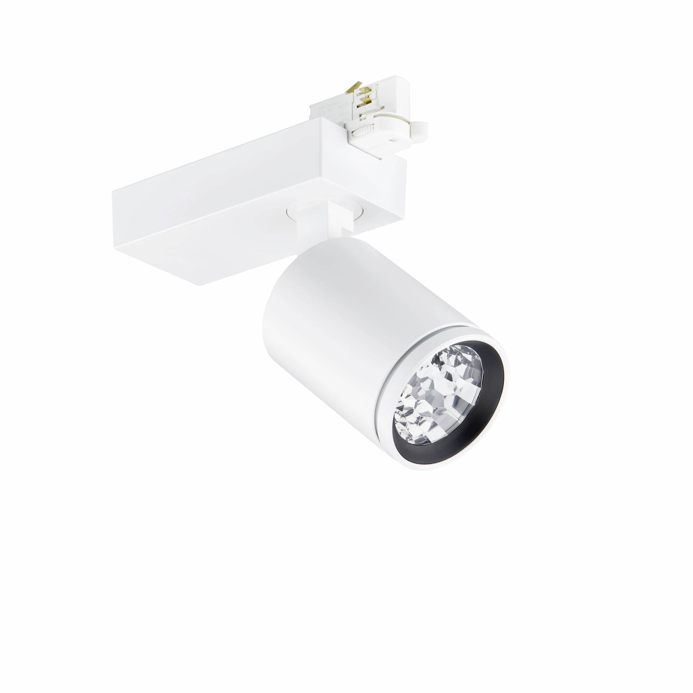 Faretto da binario orientabile bianco con testata lampada cilindrica montato su binario di sospensione a soffitto.