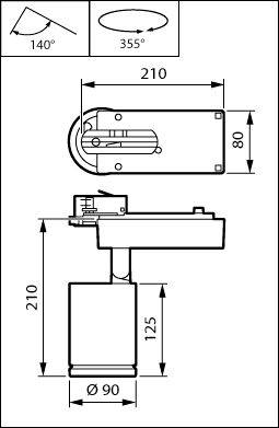 Disegno tecnico di dimensioni di un componente meccanico, che mostra viste frontale e laterale con misurazioni: lunghezza 210 mm, larghezza 80 mm, altezza 210 mm, e base Ø90 mm; inoltre indica rotazione di 140° e 355°.