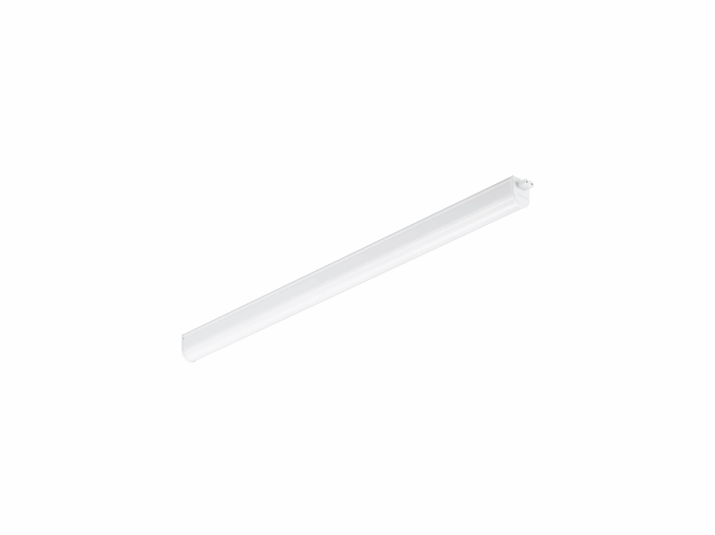 Un lungo tubo o apparecchio di illuminazione cilindrico bianco che giace diagonalmente su uno sfondo bianco uniforme.