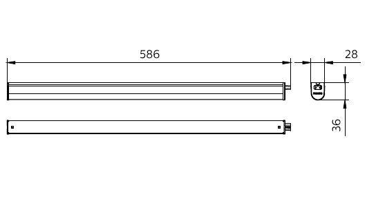 Disegno tecnico lineare di una striscia rettangolare allungata con tappo terminale, che mostra le dimensioni: lunghezza 586 mm, altezza 36 mm e dettaglio terminale 28 mm.