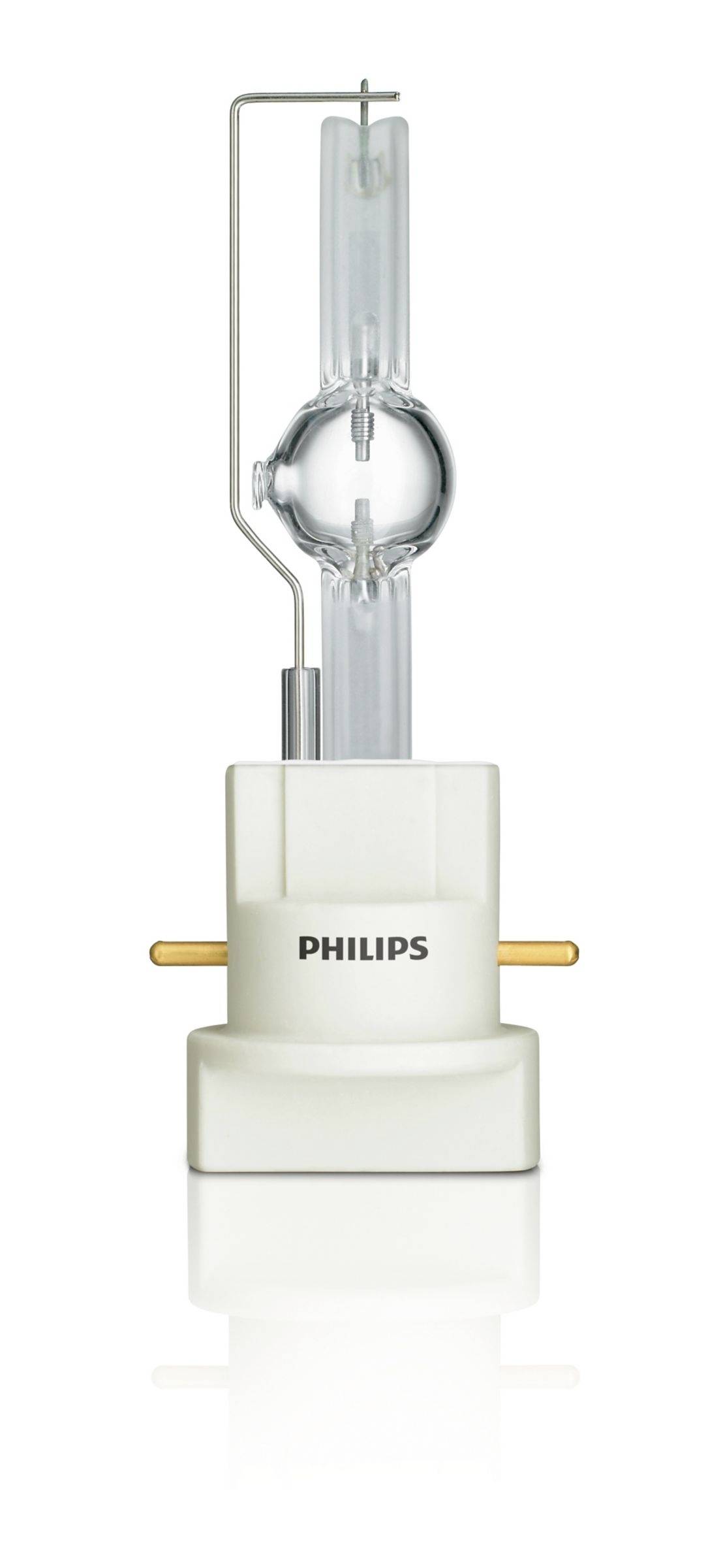 Lampada a scarica ad alta intensità Philips con bulbo in quarzo trasparente e base bianca su sfondo neutro.