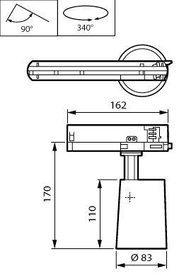 Disegno tecnico di una lampada da parete, che mostra una testa regolabile a 340° e dimensioni: 162 mm di larghezza, 170 mm di altezza, 110 mm di altezza base, Ø83 mm di base.