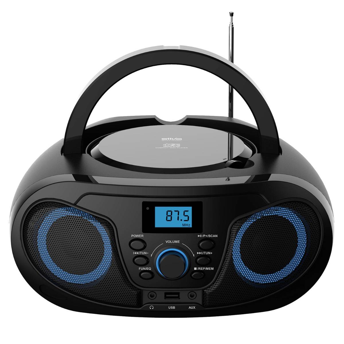 Stereo portatile nero con maniglia di trasporto, antenna, doppi altoparlanti illuminati in blu, display digitale che mostra 87,5 MHz e porte USB/AUX.