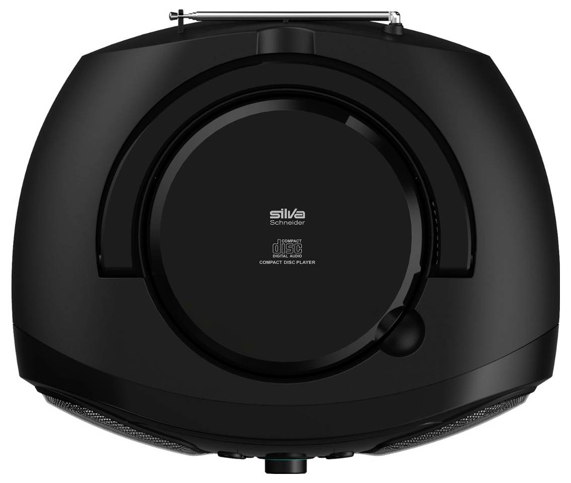 Lettore portatile di dischi compatti nero con sportello circolare centrale e maniglia, mostrato in vista frontale su sfondo bianco.