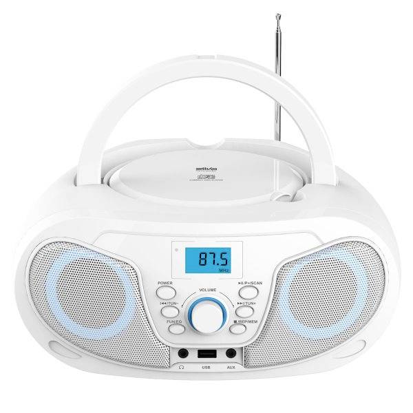 Radio boombox portatile bianca con maniglia di trasporto, antenna, display digitale blu che legge '87.5', altoparlanti stereo e porte USB/AUX.