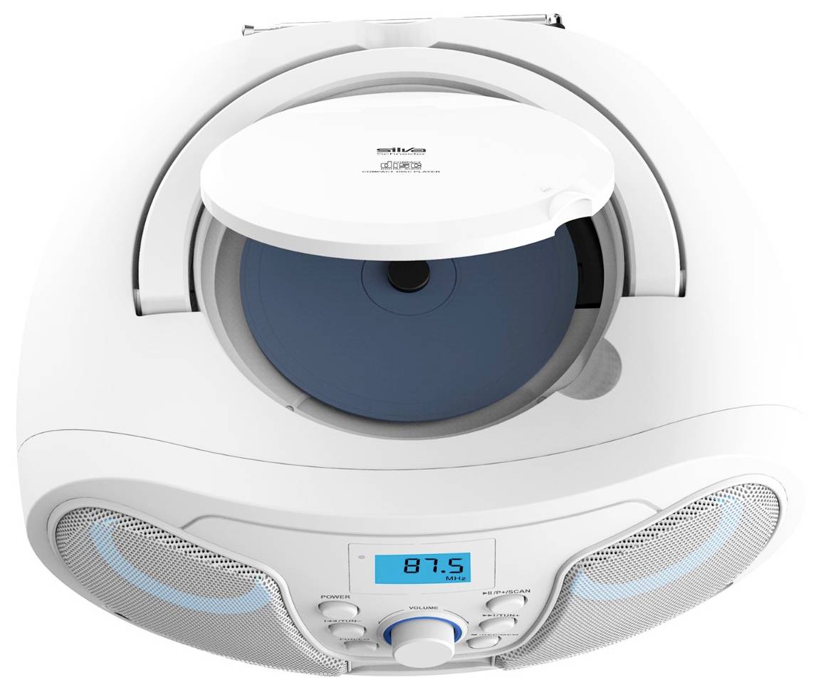 Sistema stereo bianco montato a soffitto con lettore CD centrale, display digitale che legge 87,5, altoparlanti e manopole di controllo.