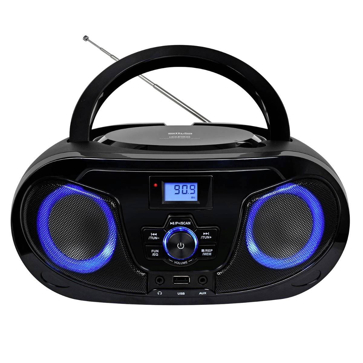Boombox portatile nero con maniglia, altoparlanti con anello LED blu, display digitale che legge "90.9" e controlli radio sulla parte anteriore