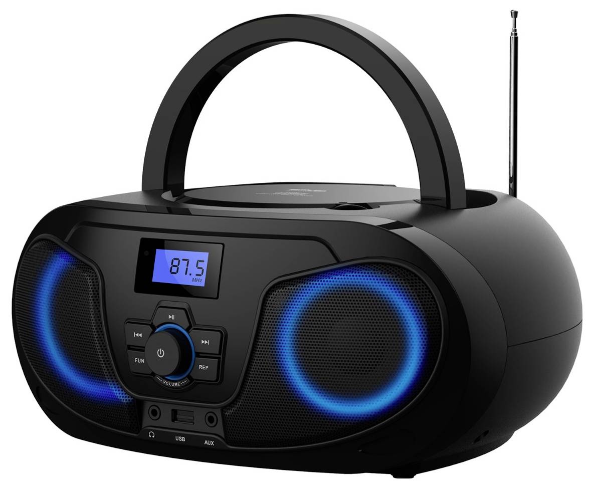 Lettore portatile radio boombox nero con maniglia, luci degli altoparlanti blu, display digitale che mostra 87.5 e antenna estesa.