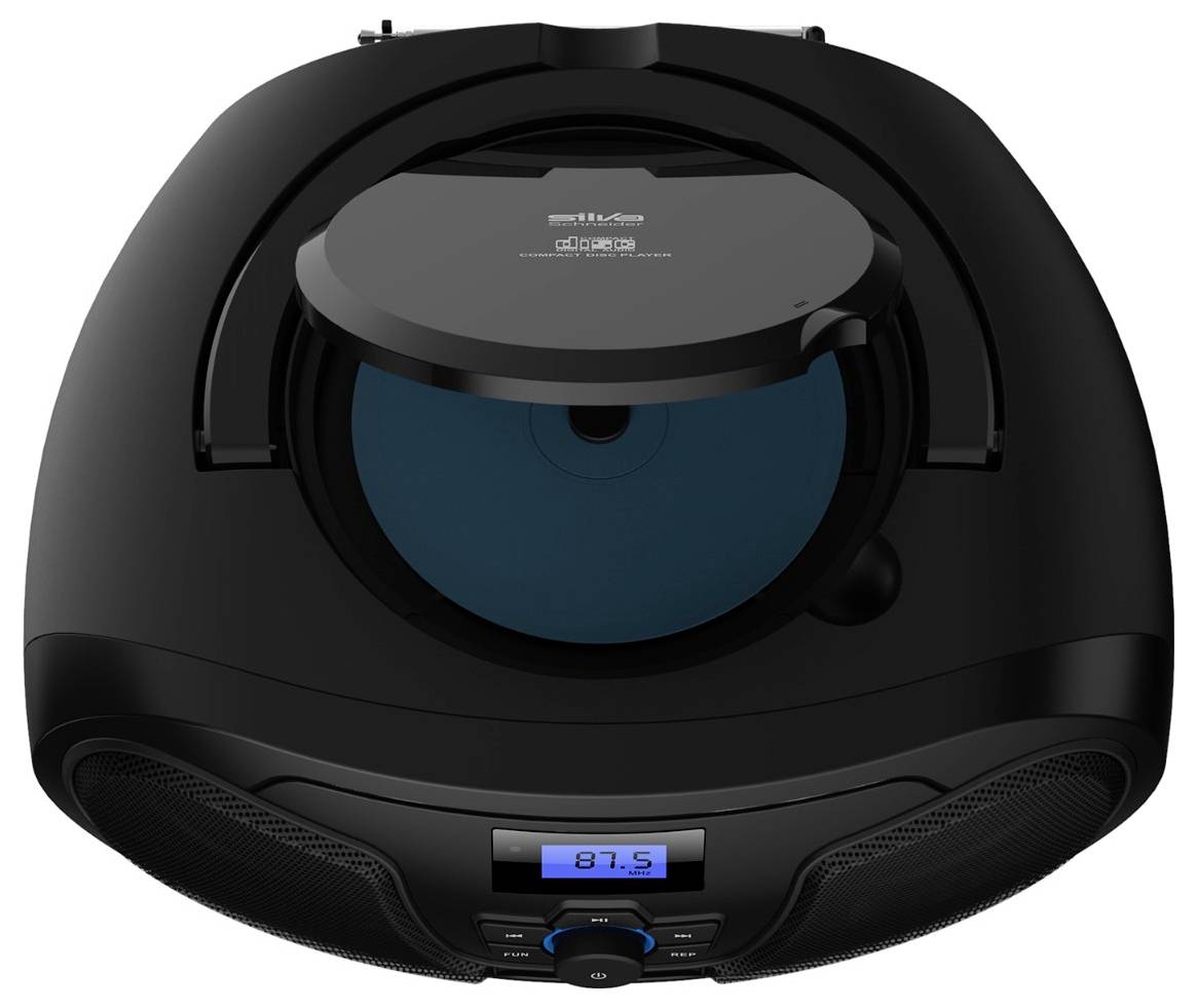 Vista dall'alto di un lettore CD portatile di stile boombox nero con coperchio aperto, scomparto disco blu, altoparlanti e display digitale che mostra '87.5'.