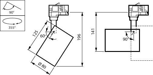 Disegno tecnico di un sensore di angolo rotativo che mostra intervalli di rotazione di 90° e 355°, con dimensioni di installazione 125, 141, 196 e Ø80.