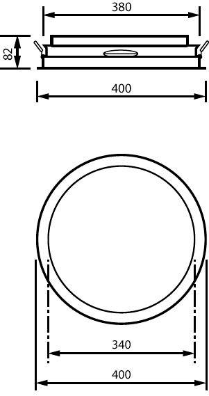 Disegno tecnico di un apparecchio illuminante da incasso circolare con dimensioni: larghezza 380 mm, diametro totale 400 mm, diametro interno 340 mm e profondità 82 mm.