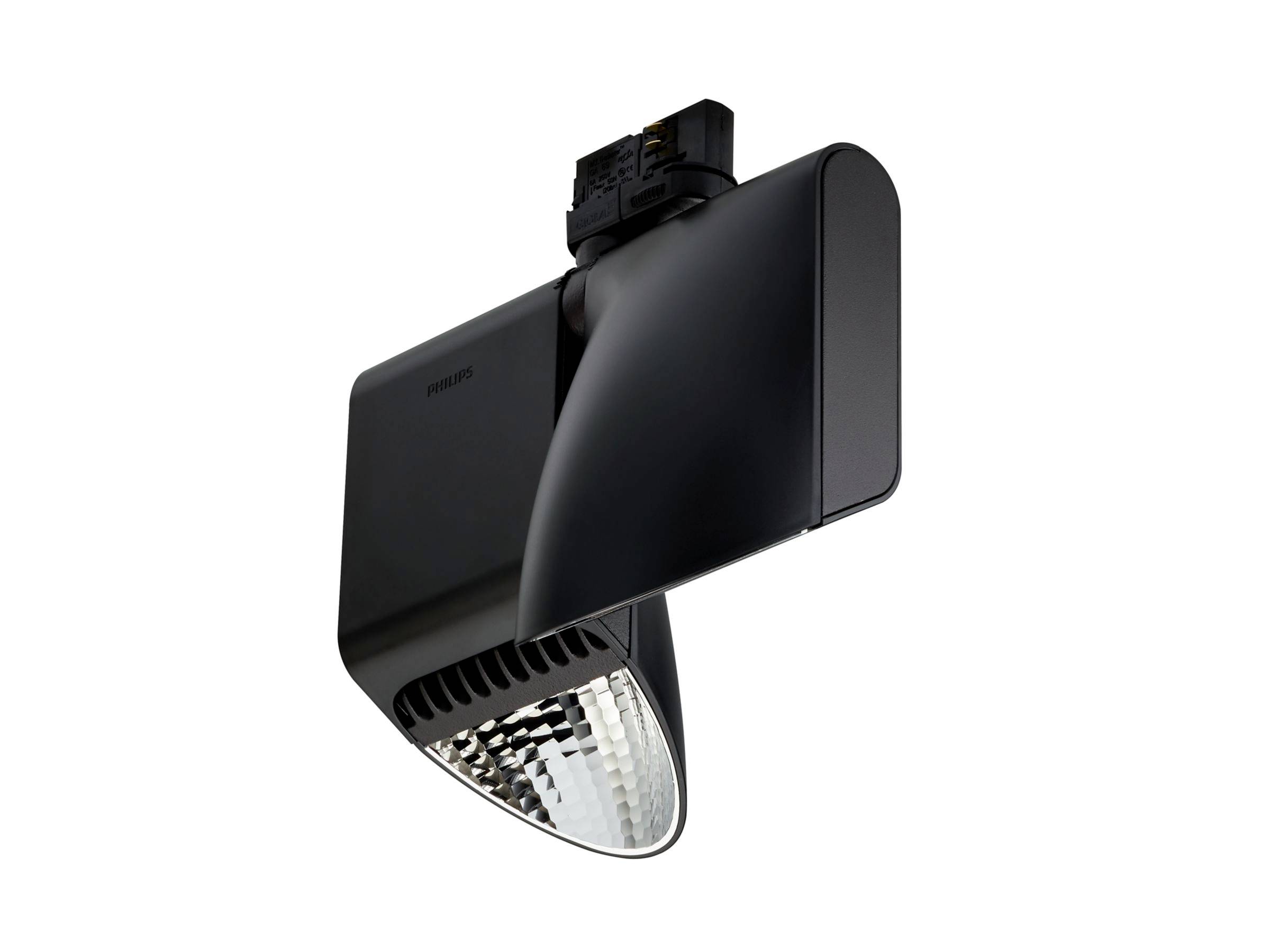 Faretto nero montato su binario con testata rettangolare curva e diffusore di luce riflettente sottostante.