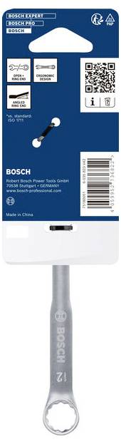 Chiave a tubo Bosch da 12 mm con portachiavi mostrata nella confezione di vendita al dettaglio su una scheda blu e bianca.