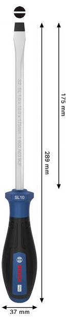 Cacciavite Bosch SL10 mostrato in posizione verticale con marcature dimensionali: lunghezza della lama 175 mm, lunghezza totale 289 mm, larghezza della impugnatura 37 mm.