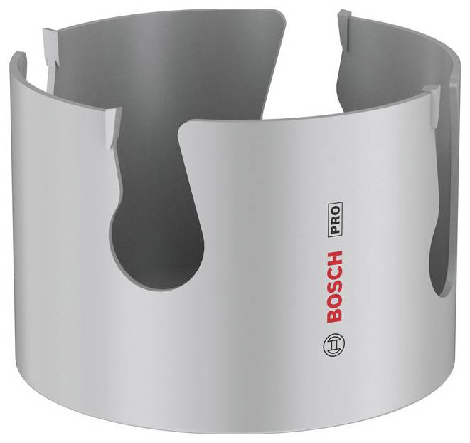 Sega a tazza Bosch Pro in metallo con grande bordo di taglio circolare e fessure laterali per la foratura di fori nei materiali.