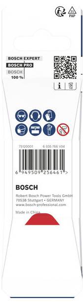 Etichetta di imballaggio Bosch Expert Bosch Professional con codice QR, codice a barre, icone del prodotto e testo con informazioni sul prodotto.