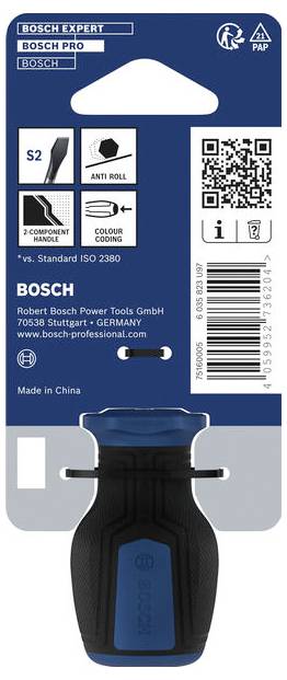 Confezione di lame per seghetto alternativo Bosch Expert, S2 anti-rotazione, impugnatura a 2 componenti, codifica a colori, codice QR e codice a barre, con immagine del prodotto su cartone blu.