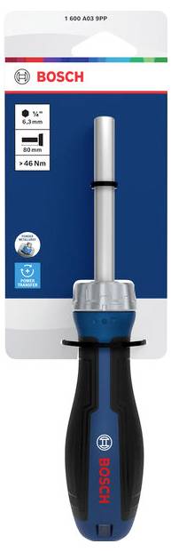 Cacciavite Bosch con attacco esagonale da 6,3 mm, albero da 80 mm e coppia di 46 Nm presentato come annuncio pubblicitario.
