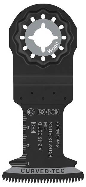 Lama per sega oscillante Bosch Curved-Tec con denti per tagliare il legno e marcature di misurazione, etichettata "BOSCH" e "CURVED-TEC".