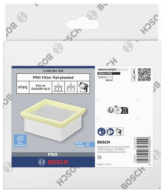 Pacchetto filtro PTFE a pieghe piatte Bosch PRO per aspirapolvere GAS18V-6LS, che mostra l'immagine del filtro e le icone di compatibilità.