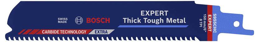 Lama per sega alternativa bi-metallo Bosch Expert Thick Tough Metal, blu con accenti rossi, etichettata con tecnologia carburo e extra spessa.
