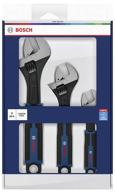 Confezione Bosch di tre chiavi inglesi regolabili in acciaio al carbonio, mostrate nelle misure 8, 10 e 12 pollici.